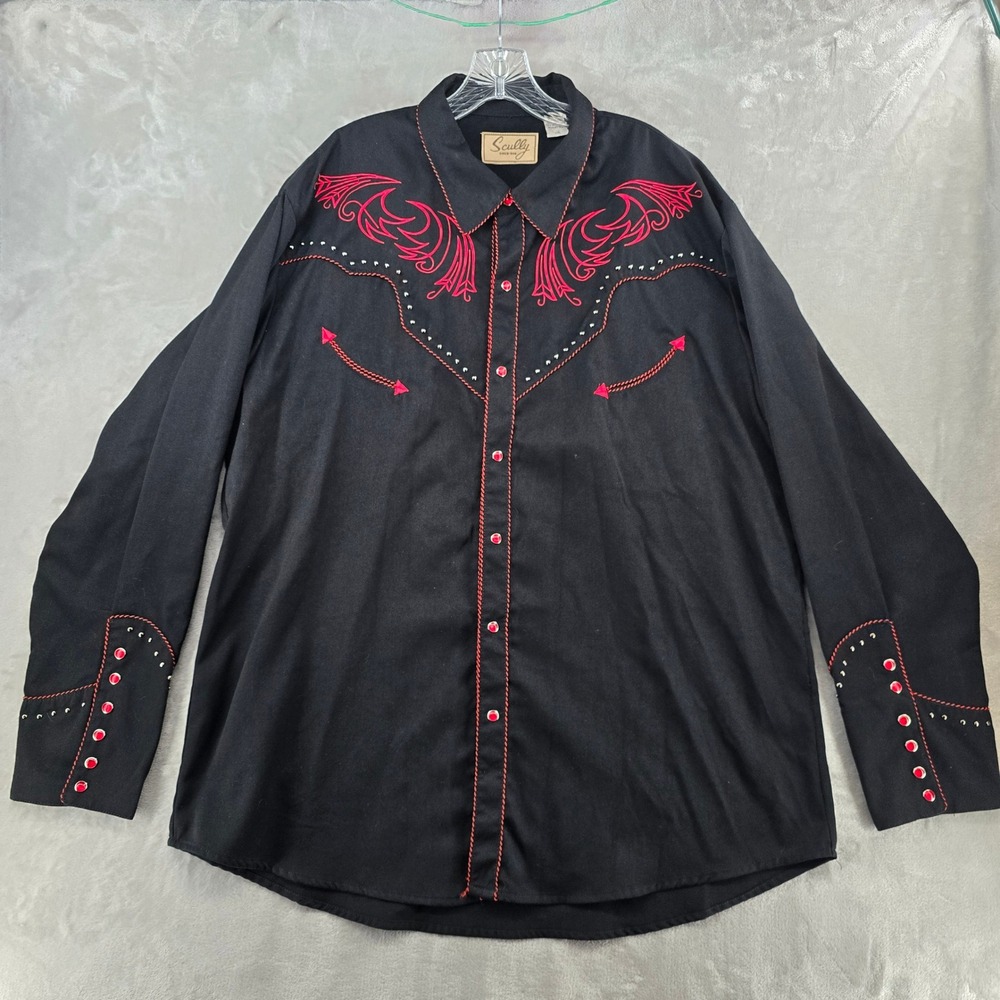 Scully Mens XXL Western Shirt Black Red Embroidered Floral Scroll Studded Snap